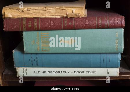 Vecchi libri in francese e inglese rilegati su scaffali in legno nella libreria, Quebec, Canada, Nord America Foto Stock