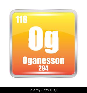 Icona Oganesson. Elemento chimico og. Numero atomico 118. Massa 294. Simbolo quadrato giallo. Illustrazione Vettoriale