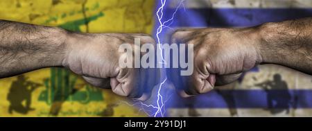 Guerra tra Hezbollah e Israele. Israele contro Hezbollah bandiera sul muro incrinato. Tensione politica tra Hezbollah e Israele Foto Stock