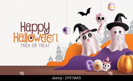 Buon halloween saluto design vettoriale di testo. Scherzi o dolcetti di Halloween con personaggi carini fantasma, zucche ed elementi appesi per un taglio di carta horror Illustrazione Vettoriale