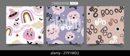 Design del set vettoriale di pattern senza cuciture. Halloween senza cuciture, zucche e fantasie boo per un trucco o un poster da regalo Vector Illustrazione Vettoriale