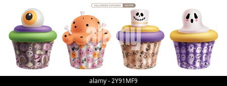 Design vettoriale per cupcake di Halloween. Cupcake halloween 3d elementi simpatici e inquietanti con raccolta isolata di glassa di mirino, fantasma e marshmallow Illustrazione Vettoriale