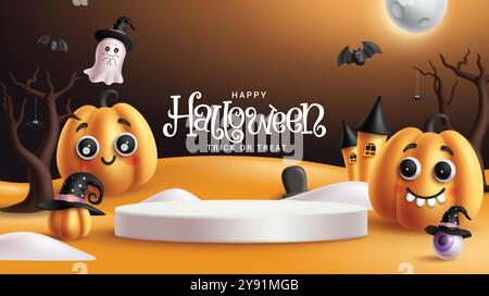 Banner vettoriale podio Halloween. Testo del saluto di buon halloween con palco sul podio per il modello di presentazione promozionale dell'esposizione dei prodotti. Vettore Illustrazione Vettoriale
