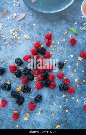 Colorato motivo di bacche di vari frutti di bosco maturi freschi su sfondo azzurro con cereali intorno. Lampone, mirtilli e mora Foto Stock