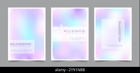 Sfondo gradiente olografico Y2K. Set di modelli di neon astratti alla moda. Poster iridescenti. Moderno vettore perlescente. Minimalista pastello Illustrazione Vettoriale