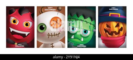 Design di un poster vettoriale per biglietti di auguri dei personaggi di Halloween. Buon halloween con demoni, mummie, zombie e spaventapasseri simpatici personaggi per scherzi e dolcetti Illustrazione Vettoriale