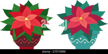 Fiore di Poinsettia in vaso set di 2 elementi di design diverse tonalità nei colori natalizi alla moda. Illustrazione vettoriale isolata tematica, biglietti di auguri o inviti, poster, volantino o Web, promozione Illustrazione Vettoriale