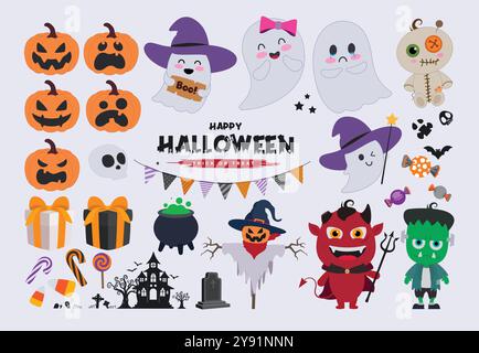 Design vettoriale degli elementi Halloween. Felice testo di halloween con zucche, fantasmi, demoni, mostro, elementi decorativi della scatola regalo collezione piatta isolata Illustrazione Vettoriale