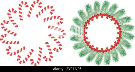 Canna da zucchero e ramoscelli di pino con fiocco. Contorno cornice cerchio Copyspace. Scheda o modello di scrittura. Descrizioni di illustrazioni vettoriali isolate, saluti o inviti, poster, banner o Web, promozioni Illustrazione Vettoriale