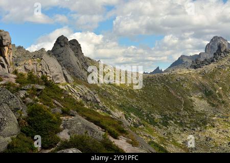 Passo escursionistico tra le montagne con rocce piccanti sotto un cielo estivo nuvoloso. Passo di Khudozhnikov, Parco naturale di Ergaki, territorio di Krasnoyarsk, Siberia, russi Foto Stock