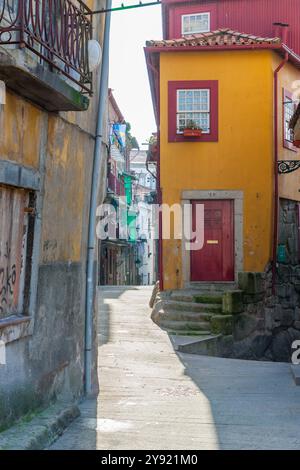 Porto, Portogallo 29 gennaio 2011. Un Ally a Porto con vecchi edifici colorati la gente appende i balconi arrugginiti e lavati. Foto Stock