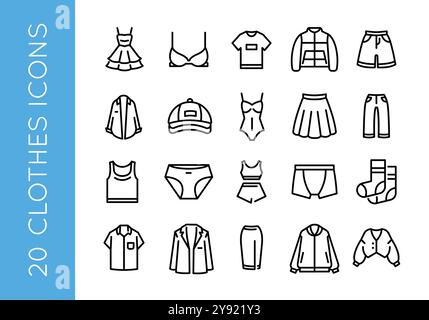 Icone abbigliamento. Set di 20 icone di abbigliamento minimale alla moda Illustrazione Vettoriale