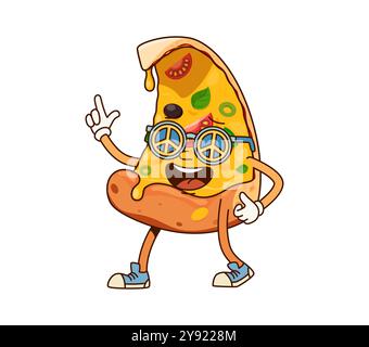 La pizza fast food è un tipico personaggio che indossa occhiali da sole hippie con simboli di pace, trasuda divertimento ed eccitazione con scarpe da ginnastica e guanti, mostrando un'espressione vivace e allegra, diffonde vibrazioni positive Illustrazione Vettoriale