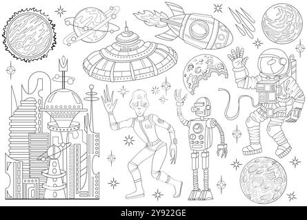 Illustrazione disegnata a mano con set di doodle di pianeti e navi spaziali del futuro retrò, razzo, astronauta, alieno, robot e oggetti, line art e fantascienza Illustrazione Vettoriale