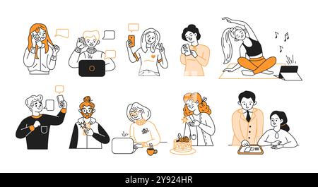 Persone che utilizzano laptop, telefoni e tablet, set di icone vettoriali Illustrazione Vettoriale