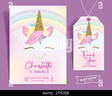 Modello vettoriale della carta d'invito della ragazza di compleanno. Biglietto d'invito per la festa di compleanno con simpatico unicorno e colorato tema arcobaleno per una giornata magica per i bambini Illustrazione Vettoriale