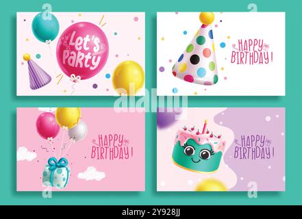 Design del set di banner vettoriali per biglietti di auguri di compleanno. Biglietti di invito per l'buon compleanno con palloncini galleggianti, cappello gonfiabile per feste, torta e confezione regalo Illustrazione Vettoriale