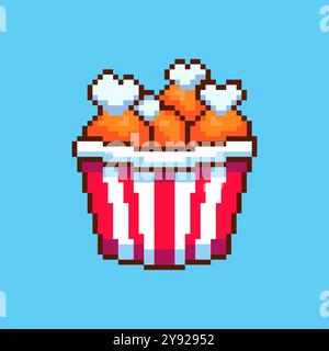 Design delle risorse del gioco Pixel ART Fried Chicken Bucket Illustrazione Vettoriale