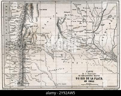 Mappa che mostra l'itinerario del viaggio in Sud America, River Plate to Chile, 1823-1824, di Giovanni Mastai Ferretti, alias Papa Pio IX. Da le Tour du Monde, pubblicato a Parigi, 1860. Foto Stock