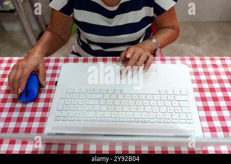 Le mani degli anziani sulla tastiera del notebook con mouse blu: Imparare la tecnologia a casa Foto Stock