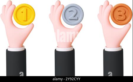 Mani umane che tengono medaglie, concetto 3d. Vittoria in competizioni sportive o aziendali. Medaglia d'oro e d'argento al bronzo in mano. Rendering realistico degli elementi vettoriali Illustrazione Vettoriale