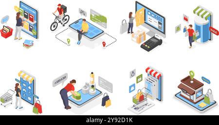 E-marketing e acquisti mobili Isometrici. Applicazione negozio online. Persone che acquistano e pagano, shopping digitale su scene vettoriali impeccabili del sito Web Illustrazione Vettoriale