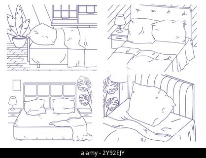 Camera da letto con set vettoriale stile biancheria da letto Illustrazione Vettoriale