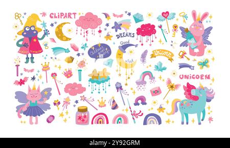 Set di animali magici chidrens. Grande collezione con personaggi da favola, felino, animali con corna, unicorno, arcobaleno, stelle cadenti, cristalli e tagli Illustrazione Vettoriale