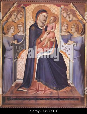 LORENZETTI, Pietro (nato ca. 1280, Siena, d. 1348, Siena) Madonna in trono con Angeli 1340 Tempera su legno, 145 x 122 cm Galleria degli Uffizi, Firenze questa pala d'altare fu dipinta per la chiesa di San Francesco a Pistoia, dove rimase fino al 1799, per essere trasferita alla Galleria degli Uffizi. Tra le ultime opere di Pietro Lorenzetti, l'immagine mostra il tenero motivo del colloquio silenzioso che lega madre e bambino, che è caratteristico dello stile di altri maestri contemporanei, come Giotto o lo scultore Giovanni Pisano. I dipinti della predella, descritti da Vasari, sono andati perduti. Il pai Foto Stock