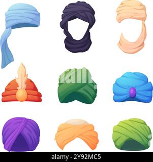 Turbanti cartoon. Turban arabo e indiano, tradizionale copricapo orientale. Cappelli isolati cultura musulmana, accessori in tessuto, set vettoriale di oggi Illustrazione Vettoriale