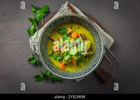 Zuppa di verdure al curry verde con germogli di Bruxelles, funghi e coriandolo Foto Stock