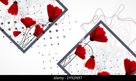 Sfondo di natura astratta. Fiori di papavero rosso in una cornice. Vettore disegnato a mano. Illustrazione Vettoriale