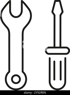 Icona della linea di chiavi e cacciaviti per i servizi di riparazione. Tool Sign for Technical Maintenance and Support Outline Symbol. Tratto modificabile. Isolato Illustrazione Vettoriale