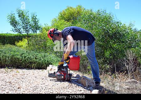 Uomo che aggiunge carburante da un barattolo di plastica alla motosega Foto Stock