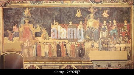 LORENZETTI, Ambrogio (nato ca. 1290, Siena, d. 1348, Siena) Allegoria del buon governo 1338-40 affresco Palazzo pubblico, Siena Ambrogio Lorenzetti affrescò le pareti laterali della sala dei nove del Palazzo pubblico di Siena. Le dimensioni della stanza sono 2,96 x 7,70 x 14,40 m. il soggetto degli affreschi sono il buon e il cattivo governo e i loro effetti sulla vita delle città e dei villaggi. L'Allegoria del buon governo si trova sul muro più piccolo di fronte alle finestre. La composizione è formata da tre bande orizzontali. In primo piano la figura Foto Stock