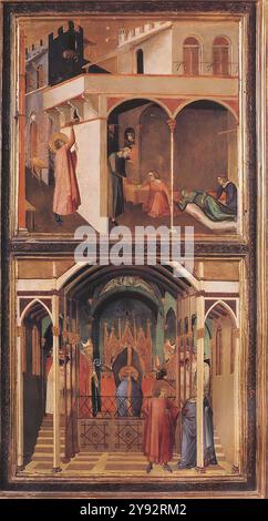 LORENZETTI, Ambrogio (nato ca. 1290, Siena, d. 1348, Siena) Scene della vita di San Nicola c. 1332 Tempera su legno, 92 x 49 cm Galleria degli Uffizi, Firenze la tavola (e un'altra anche negli Uffizi) proveniva dalla chiesa di San Procolo a Firenze dove fu registrata dal Vasari. Presumibilmente fu dipinta come ala laterale di un trittico che aveva una figura di San Nicola nel pannello centrale (che è scomparso) durante la seconda visita di Ambrogio a Firenze tra il 1327 e il 1332, o più tardi. La scena superiore rappresenta San Nicola che dà dote a tre vergini. Un nobile povero Foto Stock