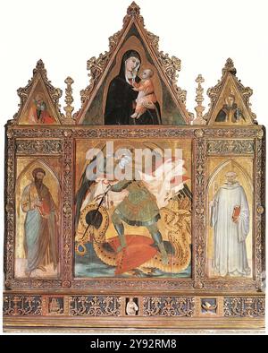 LORENZETTI, Ambrogio (nato ca. 1290, Siena, d. 1348, Siena) San Michele 1330-35 Tempera su legno, 110,5 x 94,5 cm Museo d'Arte Sacra, Asciano il pannello era la parte centrale di un polittico eseguito per la chiesa del monastero benedettino istituito da Guido Tarlati, vescovo di Arezzo, nel 1319. --- parole chiave: --------------- Autore: LORENZETTI, Ambrogio titolo: San Michele Time-line: 1301-1350 Scuola: Italian form: Painting Type: Religious Foto Stock