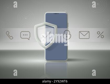 Telefono cellulare con icone di sicurezza raccolte e scudo per la protezione e la privacy. Illustrazione vettoriale 3D. Illustrazione Vettoriale