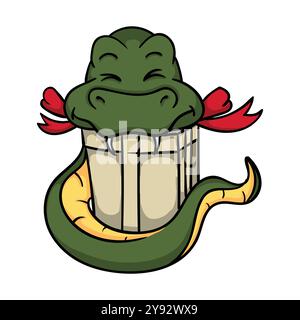 Brillante illustrazione vettoriale con un serpente e una scatola con un regalo di Natale. Simbolo del nuovo anno 2025. Calendario cinese Illustrazione Vettoriale