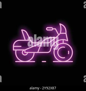 Segno neon di una moto viola che splende su un muro di mattoni Illustrazione Vettoriale