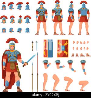 Creazione di soldati romani. Antico costruttore di personaggi animati guerrieri, centurione in armatura o soldati spartani con scudo, legione dell'esercito dell'impero di roma, illustrazione vettoriale recente in 2d. Illustrazione Vettoriale