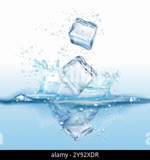 Gocciolamento d'acqua del cubetto di ghiaccio. Cubetti ghiacciati che fluttuano in un liquido fresco di purezza con bolle d'acqua, blocchi di cristallo bagnati freddi goccioline acqua drink realistico illustrazione vettoriale esatta opera d'arte originale Illustrazione Vettoriale
