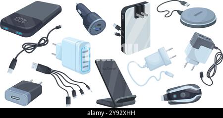 Adattatore per caricabatterie mobile. Accessori caricabatterie per smartphone, cavo usb adattatore di alimentazione per la ricarica della batteria del telefono adattatore automatico cavo elettrico dispositivo portatile, illustrazione vettoriale ordinata grafica originale Illustrazione Vettoriale