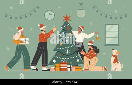 Amici e colleghi che decorano l'albero di Natale Illustrazione Vettoriale