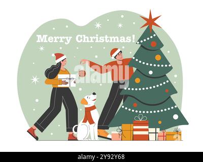 Famiglia con cani che decorano l'albero di Natale insieme Illustrazione Vettoriale