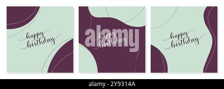 Set di biglietti per buon compleanno, poster colori menta e bordo, iscrizione con scritte disegnate a mano. Astratta in stile boho. Illustrazione vettoriale Illustrazione Vettoriale