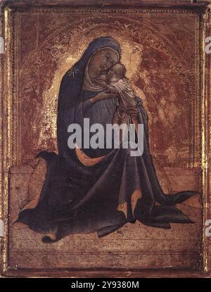 LORENZO Monaco (nato CA. 1370, Siena (?), d. ca. 1425, Firenze) dittico: Madonna dell'umiltà c. 1420 pannello, 22,8 x 17,8 cm Museo Thorvaldsens, Copenaghen questo pannello originariamente formava un dittico con il San Girolamo nel Rijksmuseum di Amsterdam. Per quanto piccoli possano essere, questi piccoli pannelli formano un impressionante e raro monumento alla pittura italiana per la devozione privata. San Girolamo ha rimosso la spina dalla zampa del leone, illustrando la virtù monastica della castità, mentre la Vergine mostra la sua umiltà sedendosi a terra. Si crede che Lorenzo sia il dittico Foto Stock