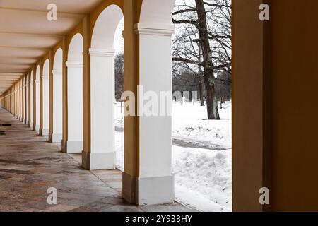 Fotografia di sfondo dall'architettura classica, colonne bianche con archi di un corridoio arcade in inverno, vista prospettica Foto Stock