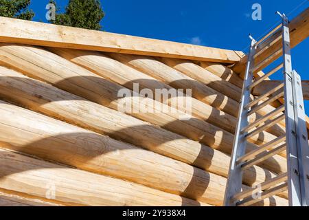 La casa rurale in legno è in costruzione. Una scala e un muro fatti di tronchi di pino naturale non colorati sono sotto il cielo blu Foto Stock