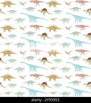 Modello vettoriale senza cuciture di dinosauri piatti disegnati a mano, isolato su sfondo bianco Illustrazione Vettoriale